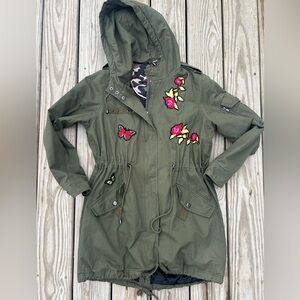 Steve Madden Olive Green Hooded Utility Anorak with Floral & Butterfly Patches